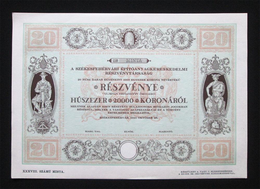 Szkesfehrvri Kereskedelmi rszvny 20000 korona 1923 MINTA